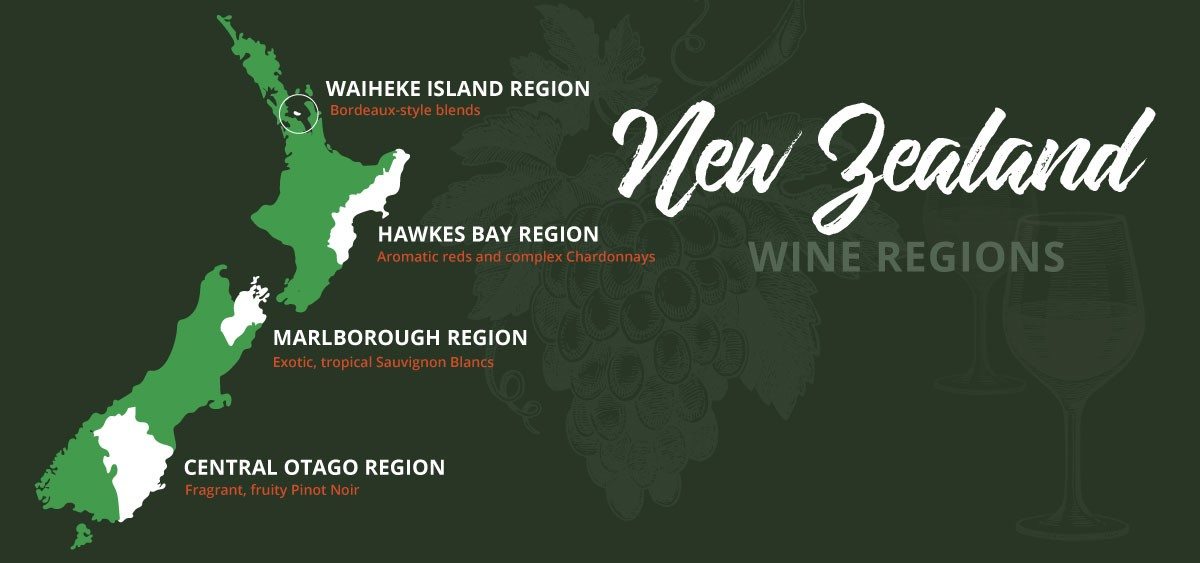 Map of 4 wine regions in New Zealand