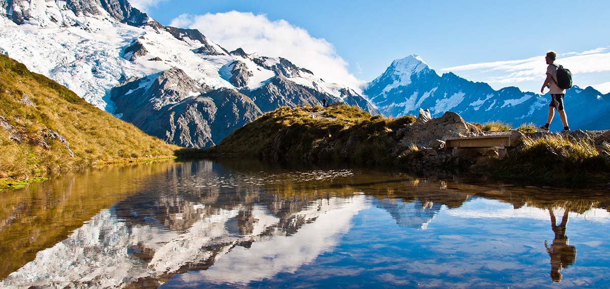 Single hiker walking behind a lake with snow capped mountains in the background